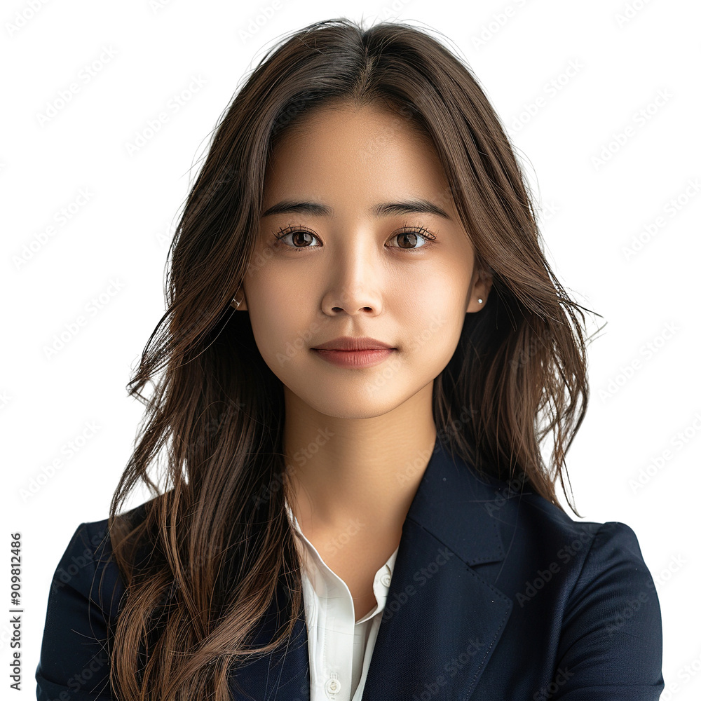 Asian woman with long hair and a blue suit. Concept of professionalism and confidence Asian woman with long hair and a blue suit. Concept of professionalism and confidence