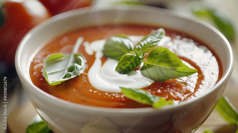 A bowl of rich tomato bisque garnished with fresh basil and a swirl of cream, served warm for a comforting meal experience A bowl of rich tomato bisque garnished with fresh basil and a swirl of cream, served warm for a comforting meal experience