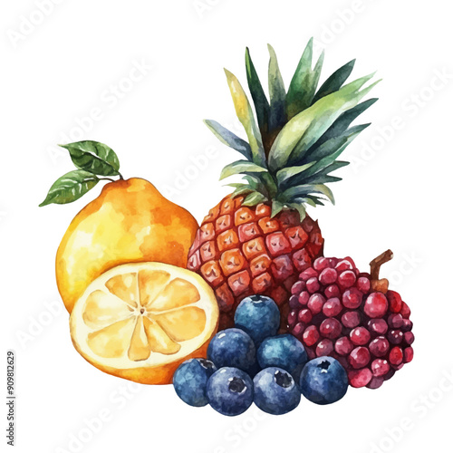 Watercolor mixed fruits isolated on white background.