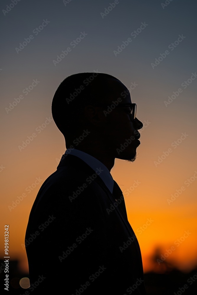 Silhouetted profile of a young executive at dawn. Silhouetted profile of a young executive at dawn.