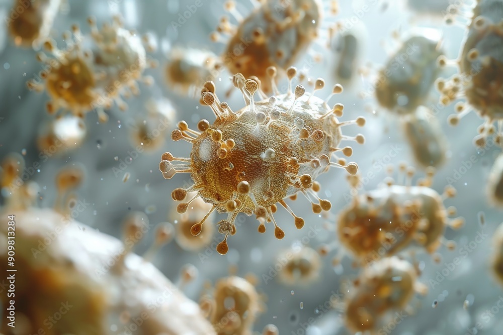 Fototapeta premium Bacteria and virus floating in a white open space. Generative AI