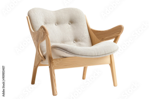 A wooden chair with a white cushion and a brown armrest