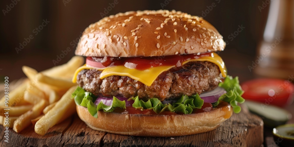 Burgers with Fries on Wooden Board Juicy Half Pound Patty Topped with Real Cheddar and Savory Sauce Burgers with Fries on Wooden Board Juicy Half Pound Patty Topped with Real Cheddar and Savory Sauce