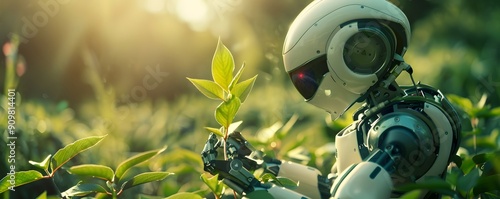 Robot Hand Holding green sprout seedling for planting in greenhouse. Concept of saving planet earth using Artificial Intelligence. Background hi-tech in agriculture. Cultivation, nature conservation