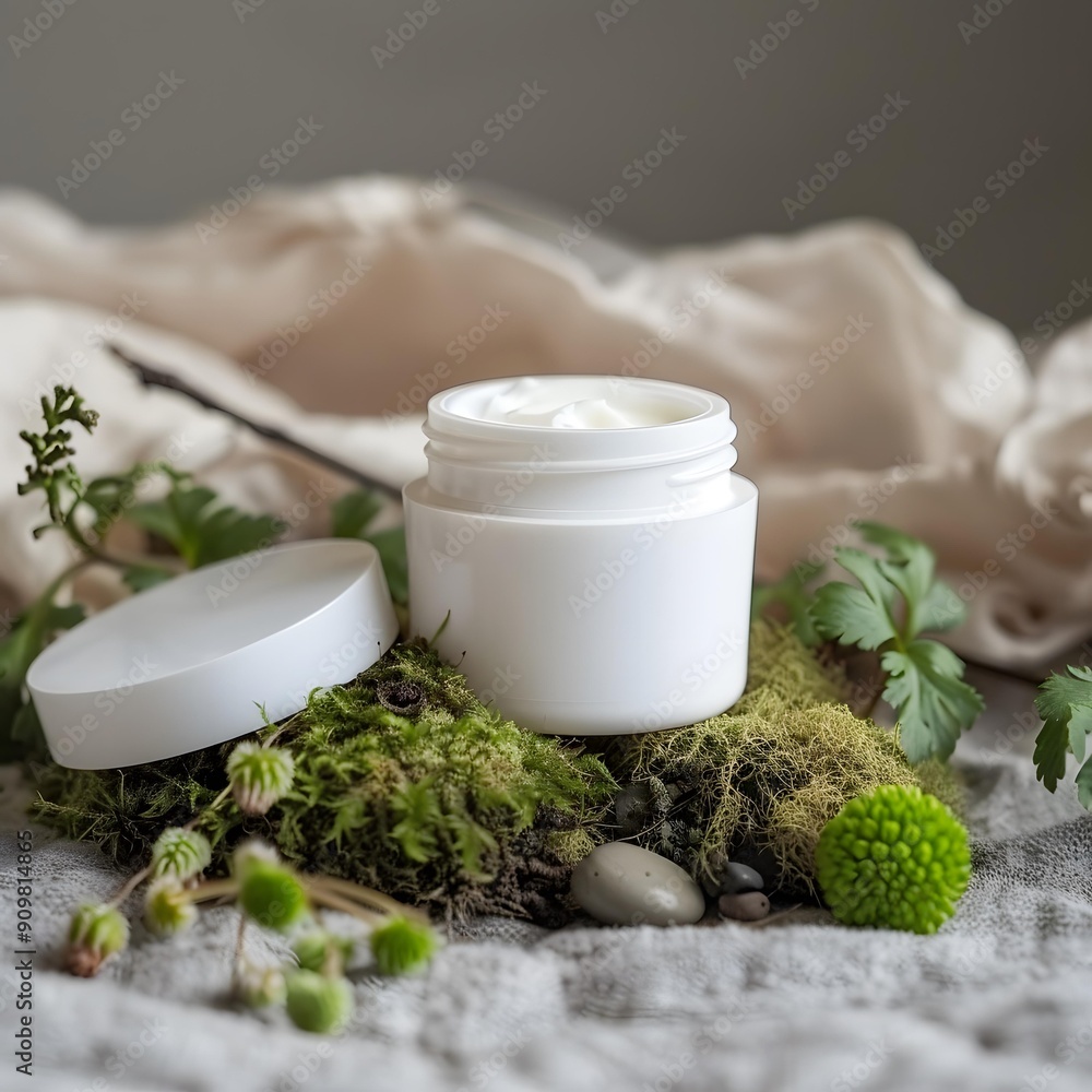 Natural Beauty Cream Jar On Moss And Stones Natural Beauty Cream Jar On Moss And Stones
