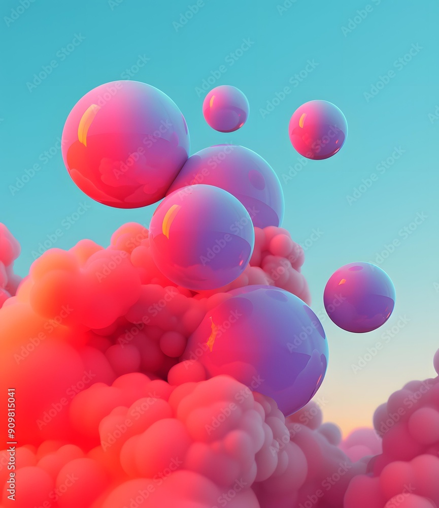 Abstract Pink and Blue 3D Spheres Floating Above Fluffy Clouds Abstract Pink and Blue 3D Spheres Floating Above Fluffy Clouds