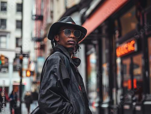 Stylish individual caught in candid moment by street photographer in urban setting at dusk.