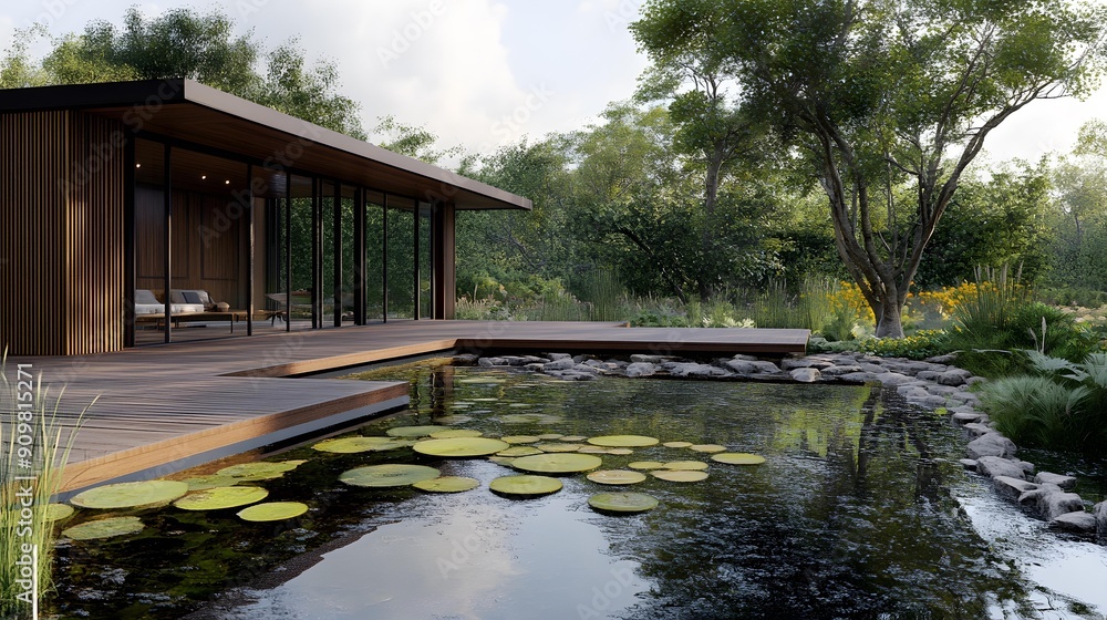 Modern Minimalist Home with Pond and Patio Modern Minimalist Home with Pond and Patio