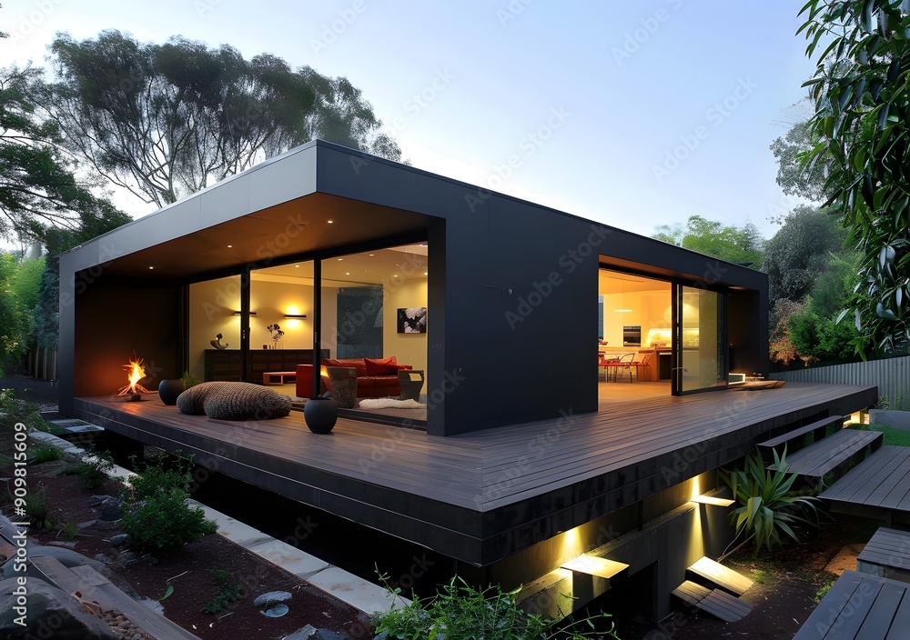 Fototapeta premium Modern Black House with Deck and Patio
