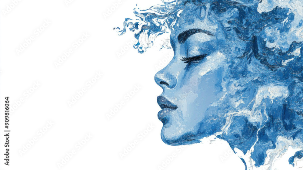 A woman's face is painted in blue and white. The blue color is used to represent the ocean, while the white color represents the sky. The painting gives a sense of calmness and serenity A woman's face is painted in blue and white. The blue color is used to represent the ocean, while the white color represents the sky. The painting gives a sense of calmness and serenity