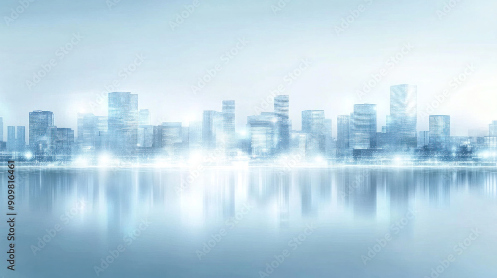 A city skyline is reflected in the water. The city is lit up at night, creating a bright and lively atmosphere A city skyline is reflected in the water. The city is lit up at night, creating a bright and lively atmosphere
