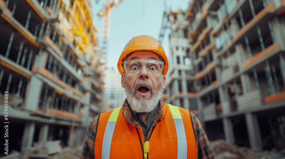 Portrait of a surprised master or worker. Construction site background. Construction site manager wearing a hard hat and safety vest. The surprised manager looks at the camera. AI generative Portrait of a surprised master or worker. Construction site background. Construction site manager wearing a hard hat and safety vest. The surprised manager looks at the camera. AI generative