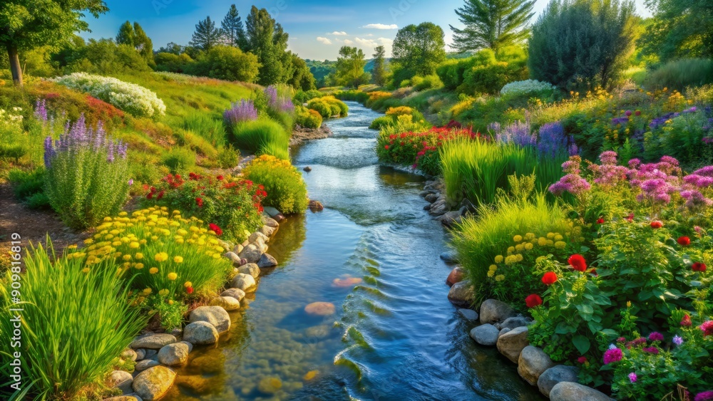 Obraz premium A serene landscape of lush greenery and blooming flowers surrounds a meandering stream, symbolizing a sustainable future achieved through water conservation efforts.