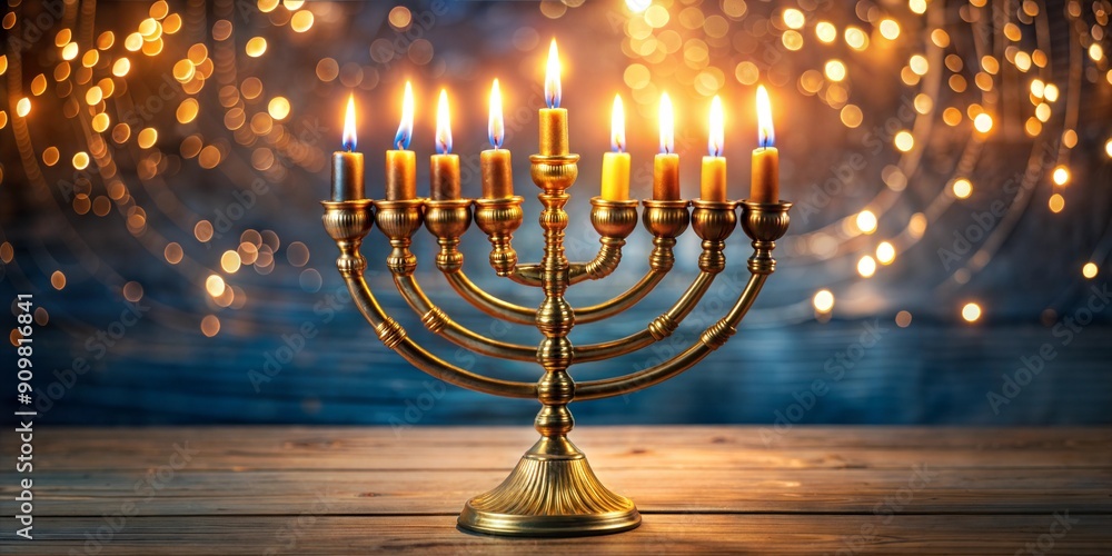 Beautifully illuminated Hanukkah menorah with candles, bokeh background Beautifully illuminated Hanukkah menorah with candles, bokeh background