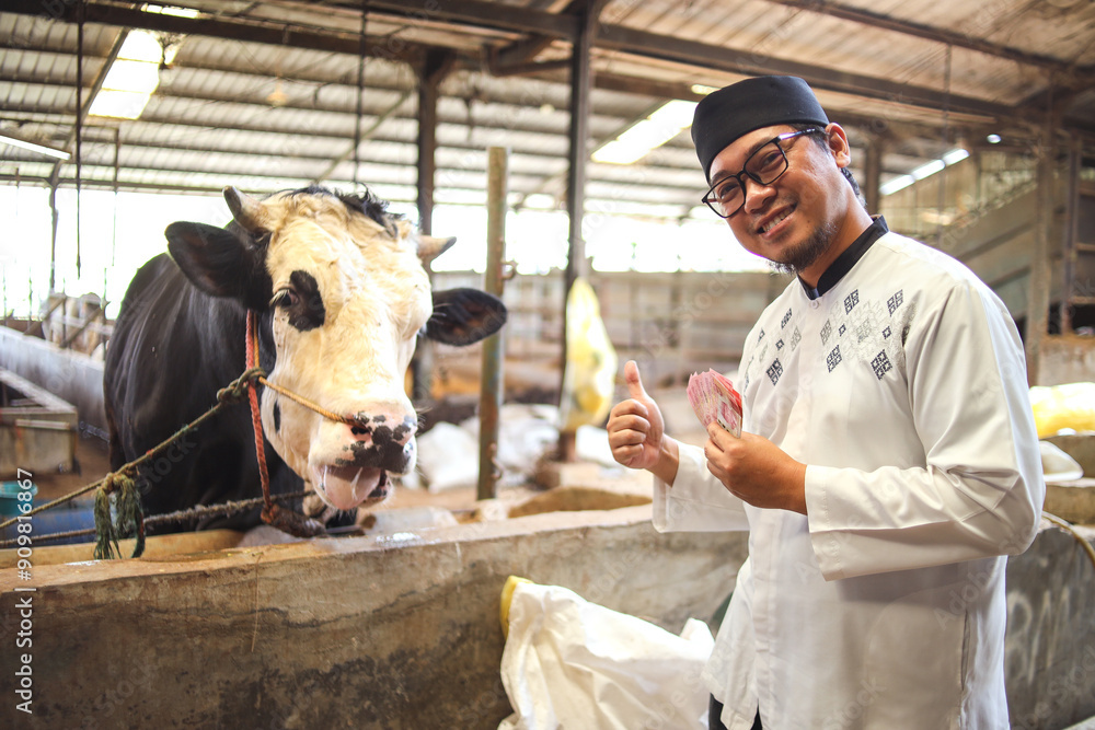 Asian Muslim Man Wearing Glasses And Cap Holding Money While Standing Next To Cowshed. Eid Al Adha Concept. Asian Muslim Man Wearing Glasses And Cap Holding Money While Standing Next To Cowshed. Eid Al Adha Concept.