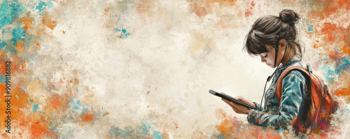 Wallpaper Mural A girl is reading a book on a tablet. The background is a colorful painting with a girl in the middle Torontodigital.ca