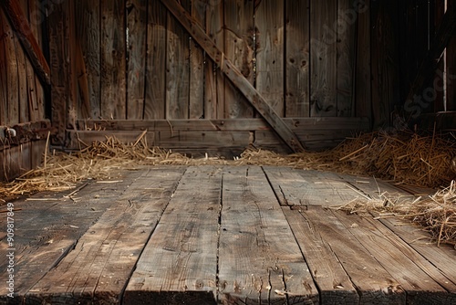 Wood table top podium floor in a rustic barnyard background photo