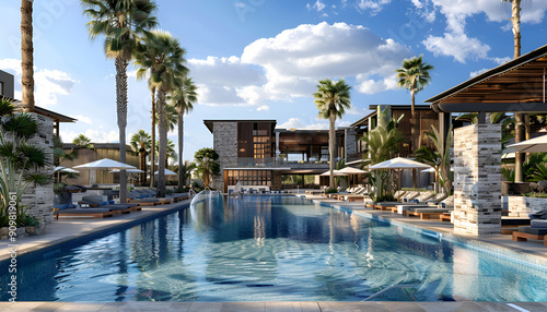 Resort with Modern Architecture  Luxurious Pool  and Upscale Amenities for Ultimate Relaxation