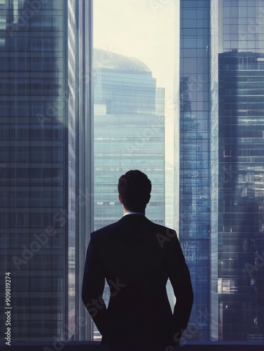 A man in a suit standing by the window, possibly making a phone call or checking something