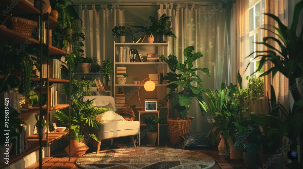 Fototapeta premium Green Oasis SolarPowered Reading Nook with EcoFriendly Decor and Lush Indoor Plants