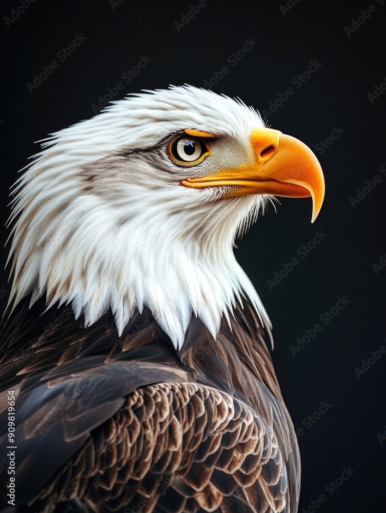 Obraz premium A close-up shot of a bald eagle against a black background, perfect for use in images about wildlife, conservation, or freedom