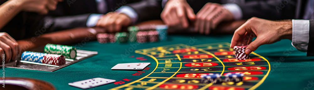 Exciting casino scene with players engaging at a vibrant roulette table surrounded by colorful chips and cards. Exciting casino scene with players engaging at a vibrant roulette table surrounded by colorful chips and cards.
