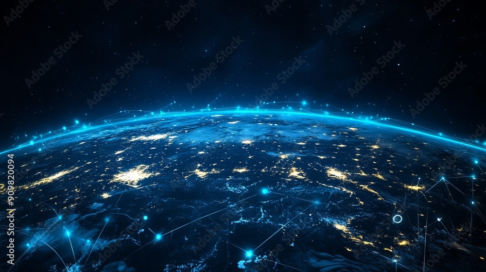 View of Earth From Space Highlighting Networks and City Lights at Night View of Earth From Space Highlighting Networks and City Lights at Night