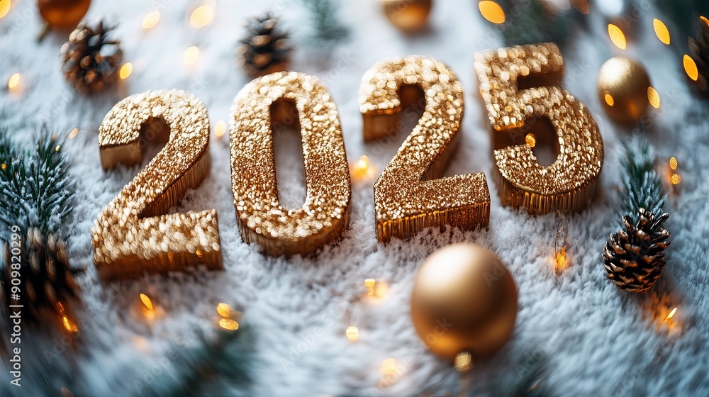 Golden 2025 New Year Decorations With Pinecones and Lights on White Fabric Golden 2025 New Year Decorations With Pinecones and Lights on White Fabric