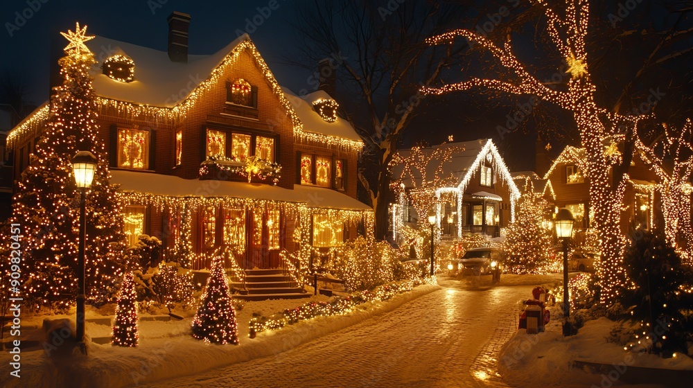 Festive Lights Glow on a Snowy Street in a Cozy Neighborhood Festive Lights Glow on a Snowy Street in a Cozy Neighborhood