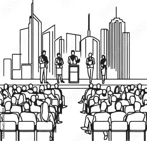 Continuous single line drawing of keynote speaker and audience at business conference, line art vector illustration