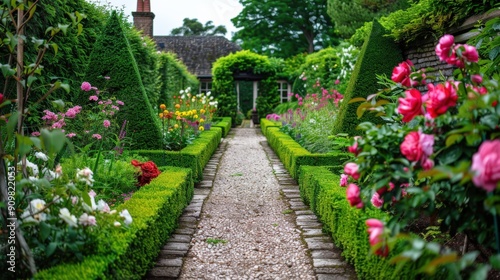 Walk through a charming English garden featuring vibrant flowers and perfectly trimmed hedges  creating a serene and picturesque environment