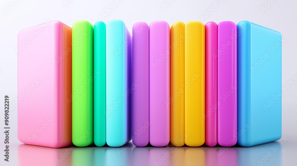 A row of colorful books with different shades of pink, blue, green, and yellow. The books are arranged in a row, with the pink book on the left and the yellow book on the right A row of colorful books with different shades of pink, blue, green, and yellow. The books are arranged in a row, with the pink book on the left and the yellow book on the right