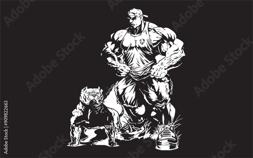 Heavy Body Builder Weight Lifter wearing Cap with Pit Bull Dog White on Black Background Clipart Art Vector for T-shirts and Wall Decal Workout Athletic Gym Muscle Logo Fitness Beast Barbell Healthy