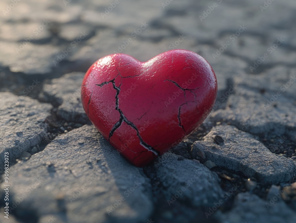 Fototapeta premium A broken red heart lying on the ground, symbolizing lost love or rejection