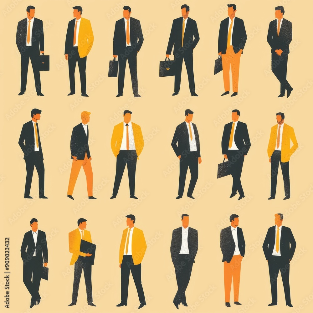 Business Professionals in Various Suits and Poses on Beige Background Business Professionals in Various Suits and Poses on Beige Background