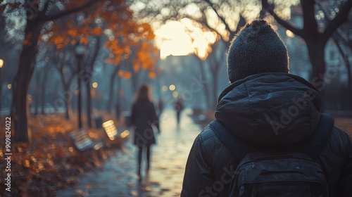 Realistic, high-resolution photo of a person watching a couple walk away. The lighting and images give off a sad feeling.