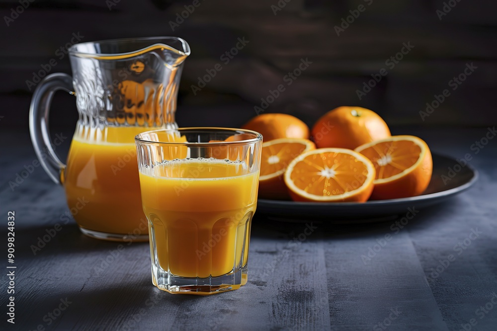 A captivating photograph of a dark and moody setting with a glass of freshly squeezed orange juice A captivating photograph of a dark and moody setting with a glass of freshly squeezed orange juice