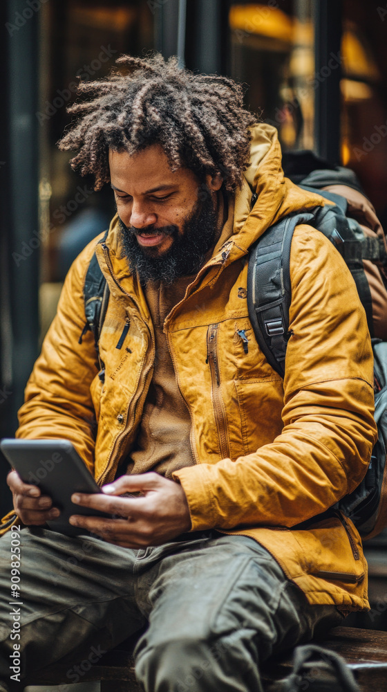 A man in a yellow jacket is sitting on a bench and looking at a tablet. He is focused on the screen, possibly checking his phone or browsing the internet. Concept of solitude and introspection A man in a yellow jacket is sitting on a bench and looking at a tablet. He is focused on the screen, possibly checking his phone or browsing the internet. Concept of solitude and introspection