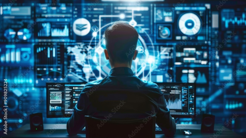 Back view of a person working on digital protection. Back view of a person working on digital protection.