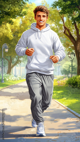 A man is running in a park with a white hoodie on. He is smiling and he is enjoying his run