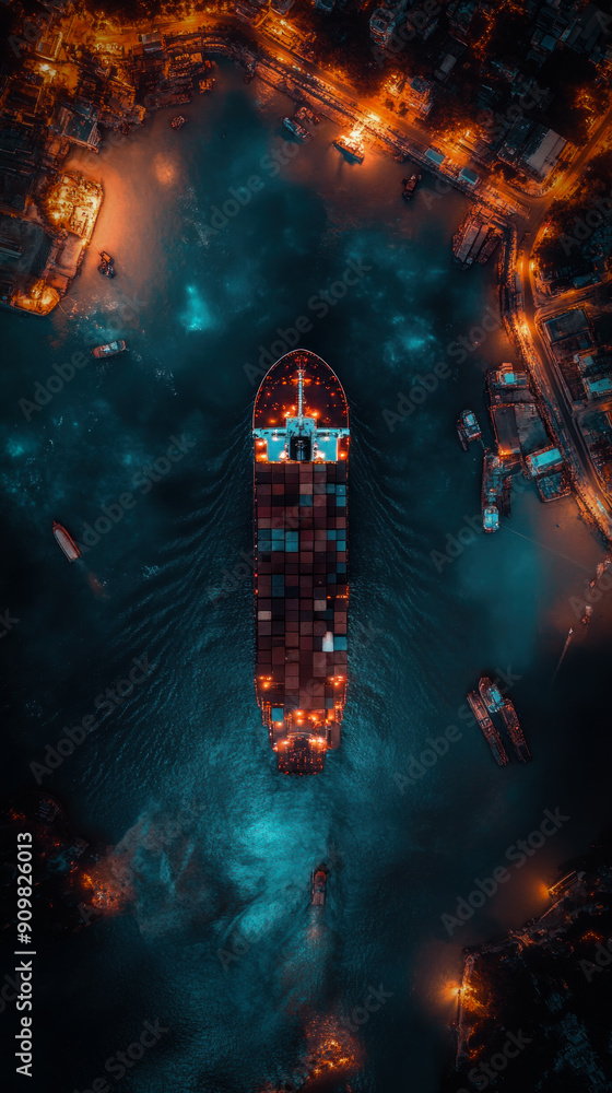 A large cargo ship is sailing in the ocean at night. The sky is dark and the water is calm. The ship is surrounded by other smaller boats, creating a sense of isolation and solitude A large cargo ship is sailing in the ocean at night. The sky is dark and the water is calm. The ship is surrounded by other smaller boats, creating a sense of isolation and solitude