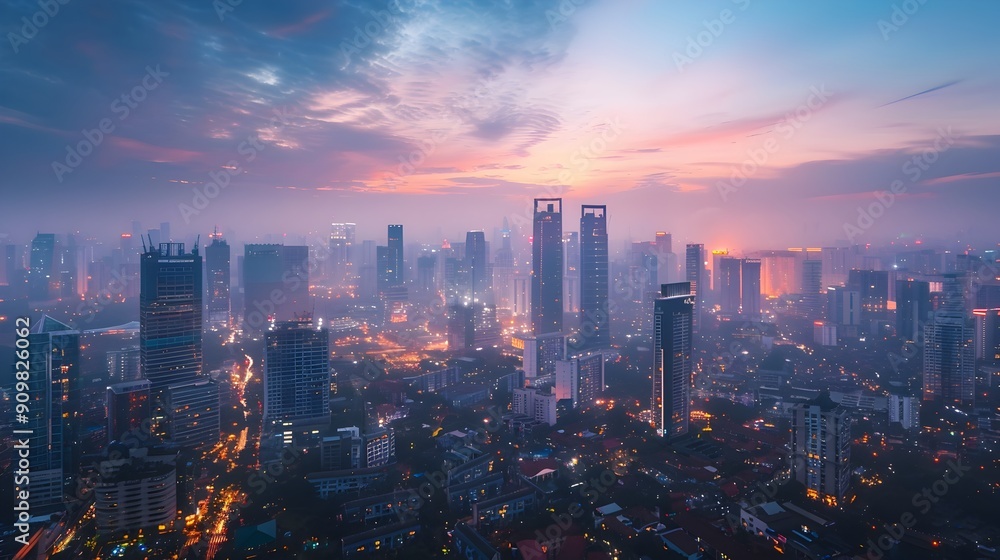 Panoramic Drone Capture of Illuminated City Skyline at Dusk with Vibrant Twilight Sky Panoramic Drone Capture of Illuminated City Skyline at Dusk with Vibrant Twilight Sky