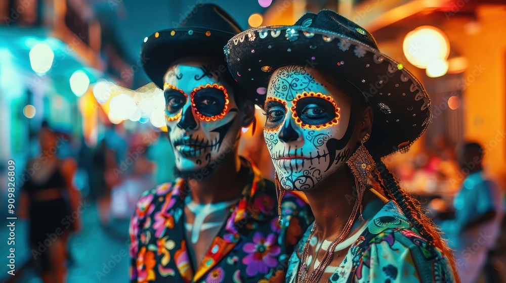 people wearing clean white skull makeup, cute, bright colors, and hats. Black mexican walking on street with carnival. people wearing clean white skull makeup, cute, bright colors, and hats. Black mexican walking on street with carnival.