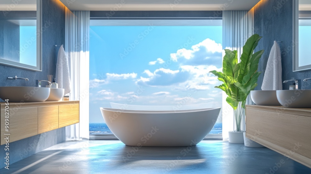 Fototapeta premium A modern bathroom with a large tub and two sinks, perfect for a relaxing bath or getting ready in style