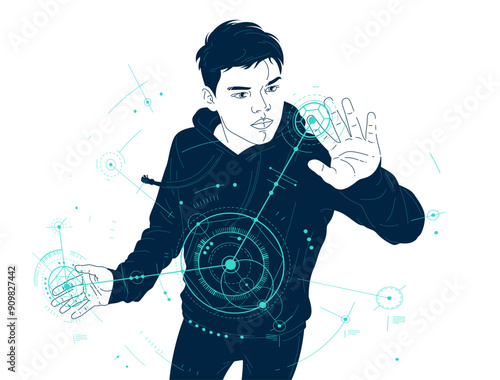 Teenager boy controls HUD engineering virtual interface vector illustration, futuristic concept engineer technical science, future technology theme.