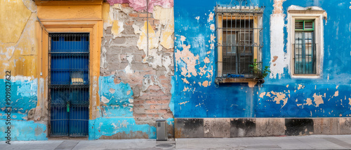 Blue door with yellow trim sits in front of a building with a blue wall
