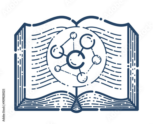 Open book with molecule vector linear icon, education and scientific literature library reading line art symbol or logo, chemistry or physics. photo