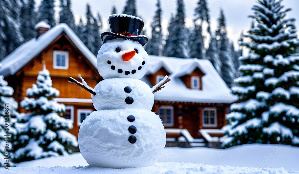 Naklejka premium Snowman on the background of a winter landscape