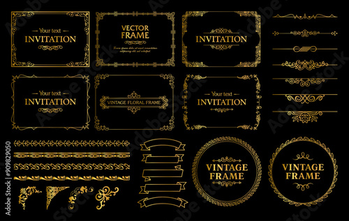 Design gold elements set, decorative flourish border corner and frame collection for invitation, menu and page decoration
