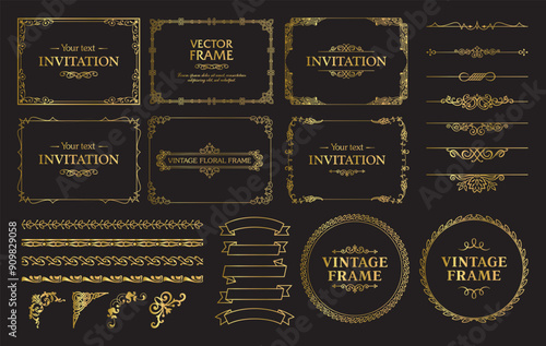 Design gold elements set, decorative flourish border corner and frame collection for invitation, menu and page decoration